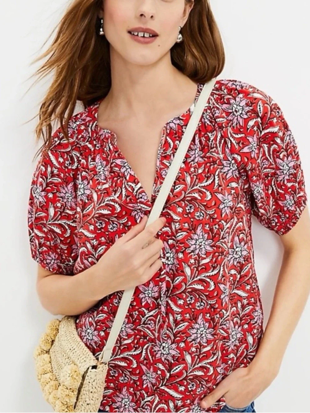 LOFT Spring Bloom Tie Neck Floral Puff Sleeve Peasant Top